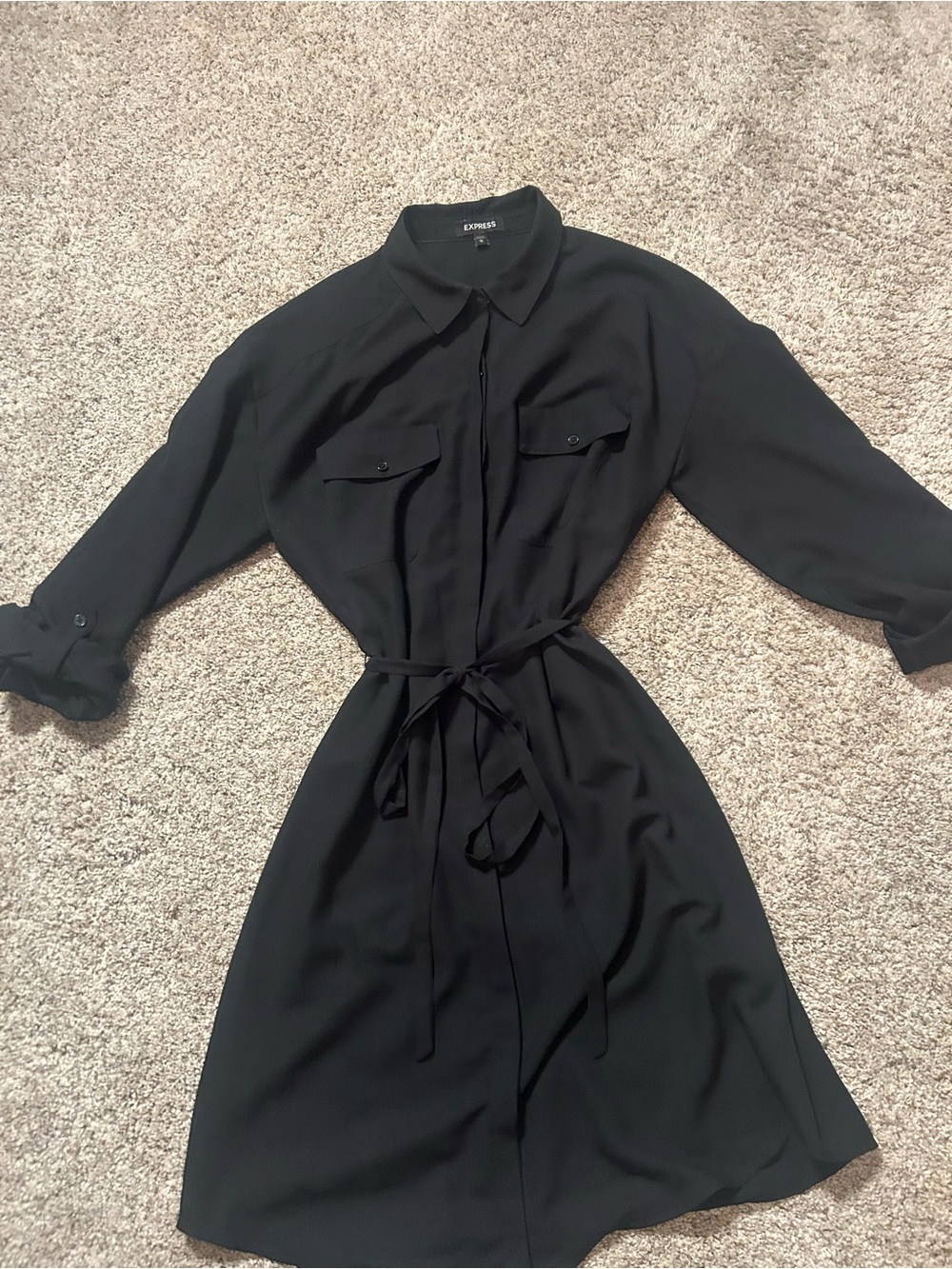 Express Black Long Sleeve Shirt Dress with Tie Waist